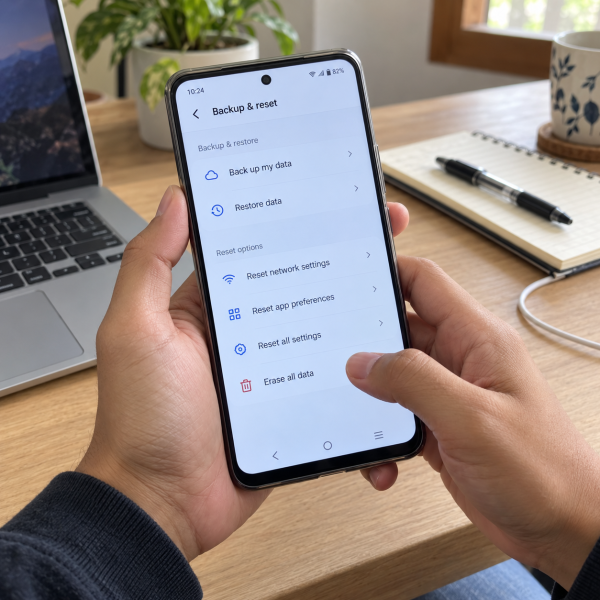 Tangan pengguna memegang HP Vivo pada menu pengaturan reset dengan beberapa pilihan pemulihan sistem.
