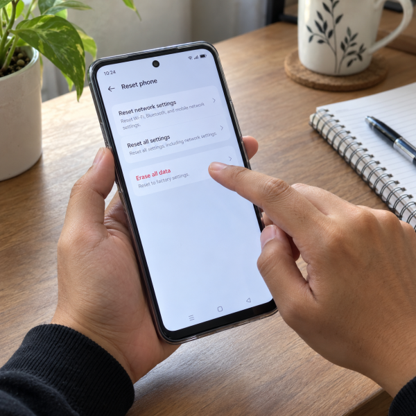 Tangan pengguna memegang HP OPPO dan membuka menu penghapusan seluruh data di pengaturan.