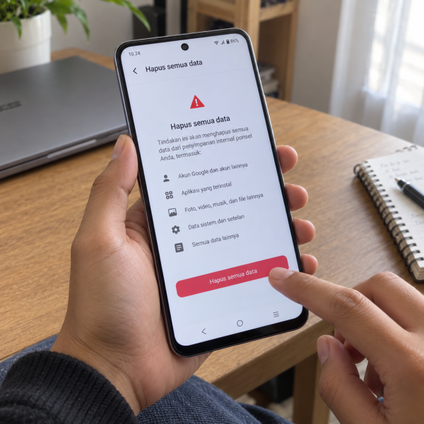Tangan pengguna mengoperasikan HP vivo yang menampilkan halaman konfirmasi Hapus semua data pada pengaturan reset pabrik.