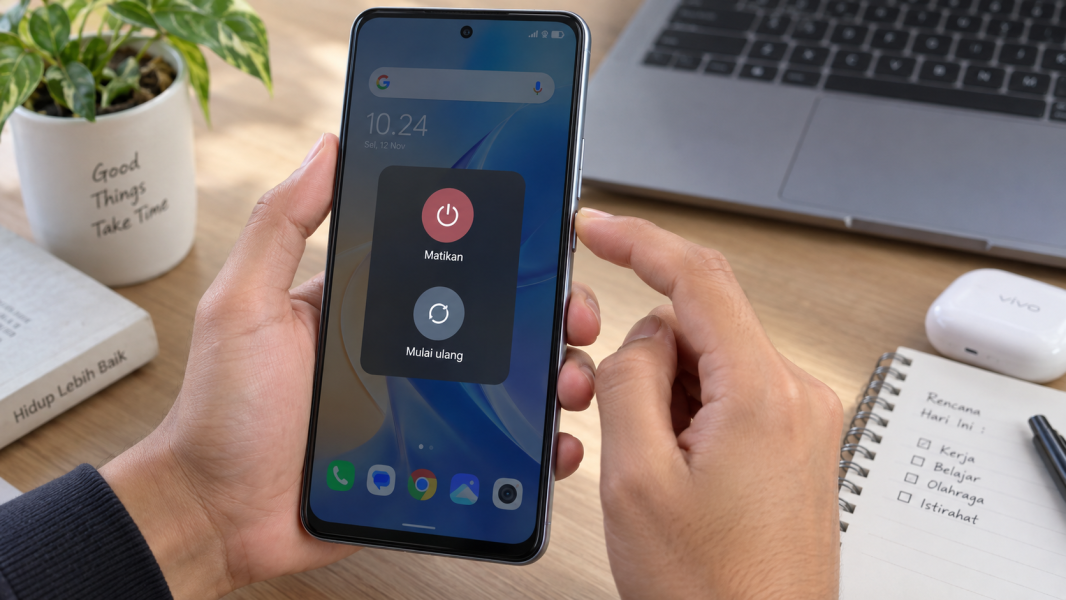 Pengguna menekan tombol power HP Vivo saat menu restart muncul di layar.