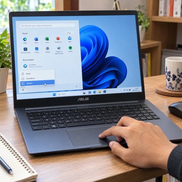 Laptop ASUS dengan menu Power Windows terbuka dan tangan pengguna memilih opsi Restart melalui trackpad.