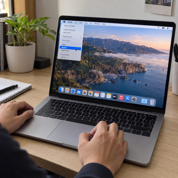 MacBook sedang direstart melalui menu macOS menggunakan trackpad di meja kerja.