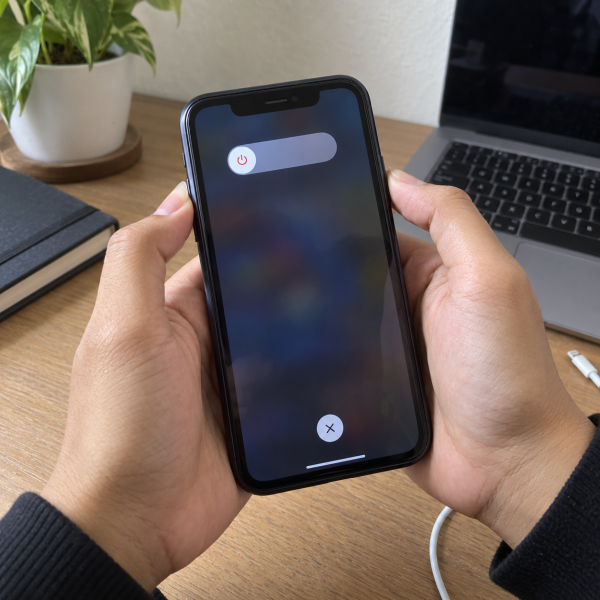 Tangan menekan satu tombol volume dan tombol samping iPhone 11 untuk memulai restart normal.