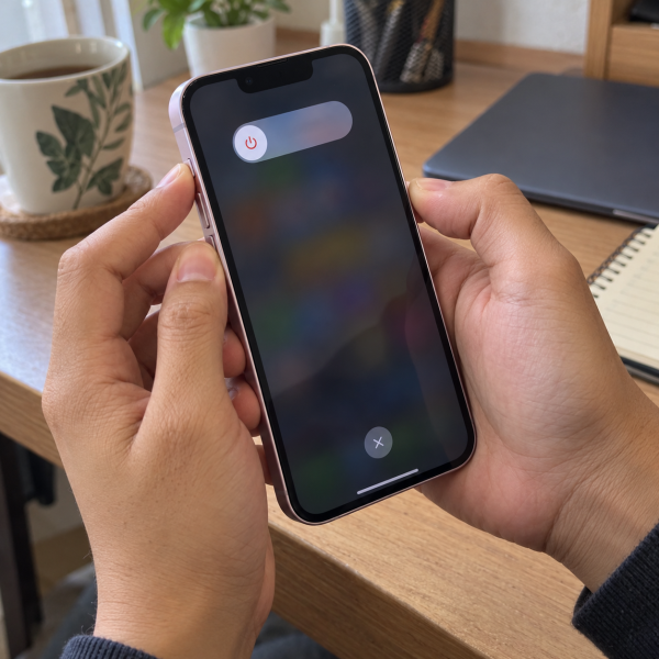 Pengguna menekan tombol samping dan volume pada iPhone 13 untuk memulai proses restart normal.