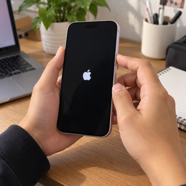 Tangan memegang iPhone 16 sambil menekan tombol samping untuk melakukan restart saat perangkat tidak merespons.