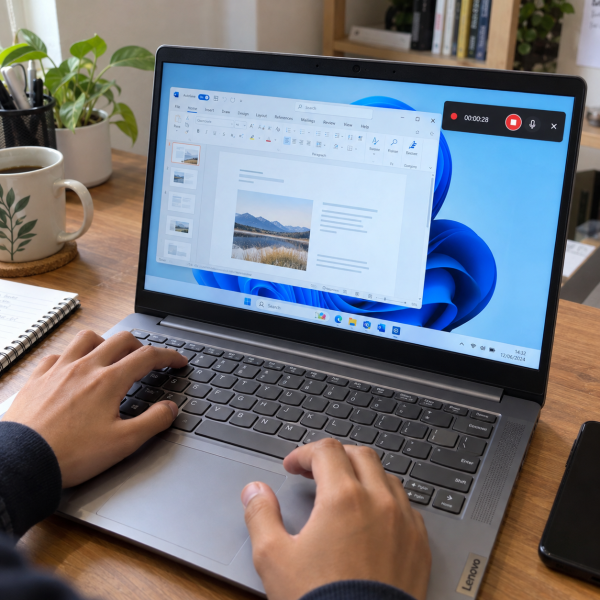 Tangan pengguna mengoperasikan laptop Lenovo yang menampilkan aplikasi Windows dengan indikator perekaman Xbox Game Bar aktif.