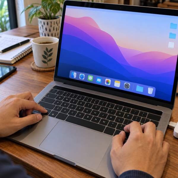 MacBook menyala dengan Touch Bar gelap saat pengguna menekan tombol fn.