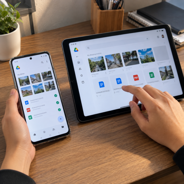 Tangan pengguna membuka file di iPad yang diletakkan berdampingan dengan HP Android, keduanya menampilkan penyimpanan cloud.