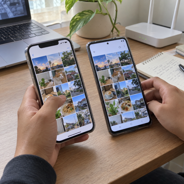 iPhone dan HP Android menampilkan kumpulan foto yang sama saat pengguna memindahkan foto antarkedua perangkat.