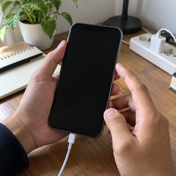 iPhone dengan layar hitam sedang dipegang sambil terhubung ke charger dan tombol samping diperiksa