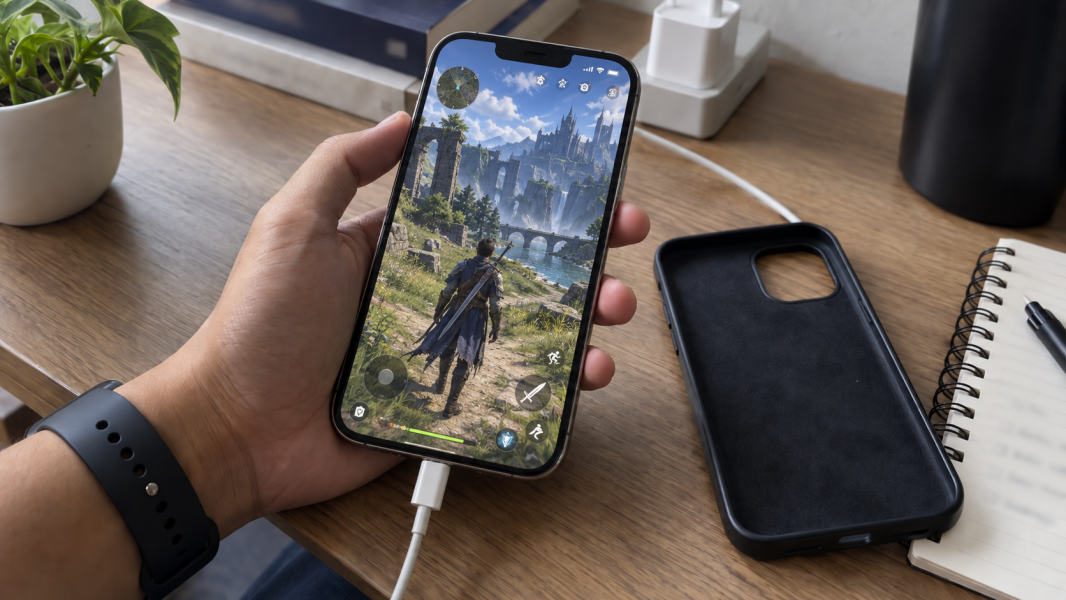 iPhone dengan game terbuka dan kabel charger terpasang, sementara casing dilepas dan diletakkan di samping perangkat.