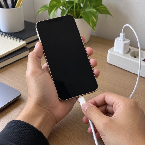 iPhone dengan layar hitam sedang disambungkan ke charger untuk mengecek respons pengisian daya.