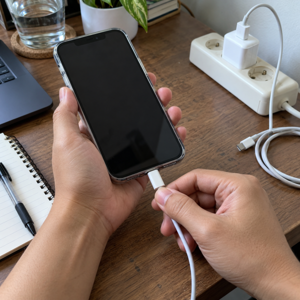 Tangan memeriksa konektor charger pada iPhone yang tidak menunjukkan respons pengisian.