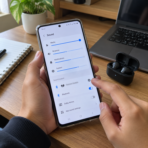 HP Samsung menampilkan volume media tinggi dengan TWS di samping saat pengguna memeriksa pengaturan suara.